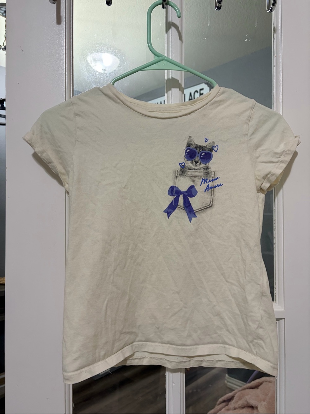 Old Navy Cream Short Sleeve Tee with Blue Cat Pocket Graphic
